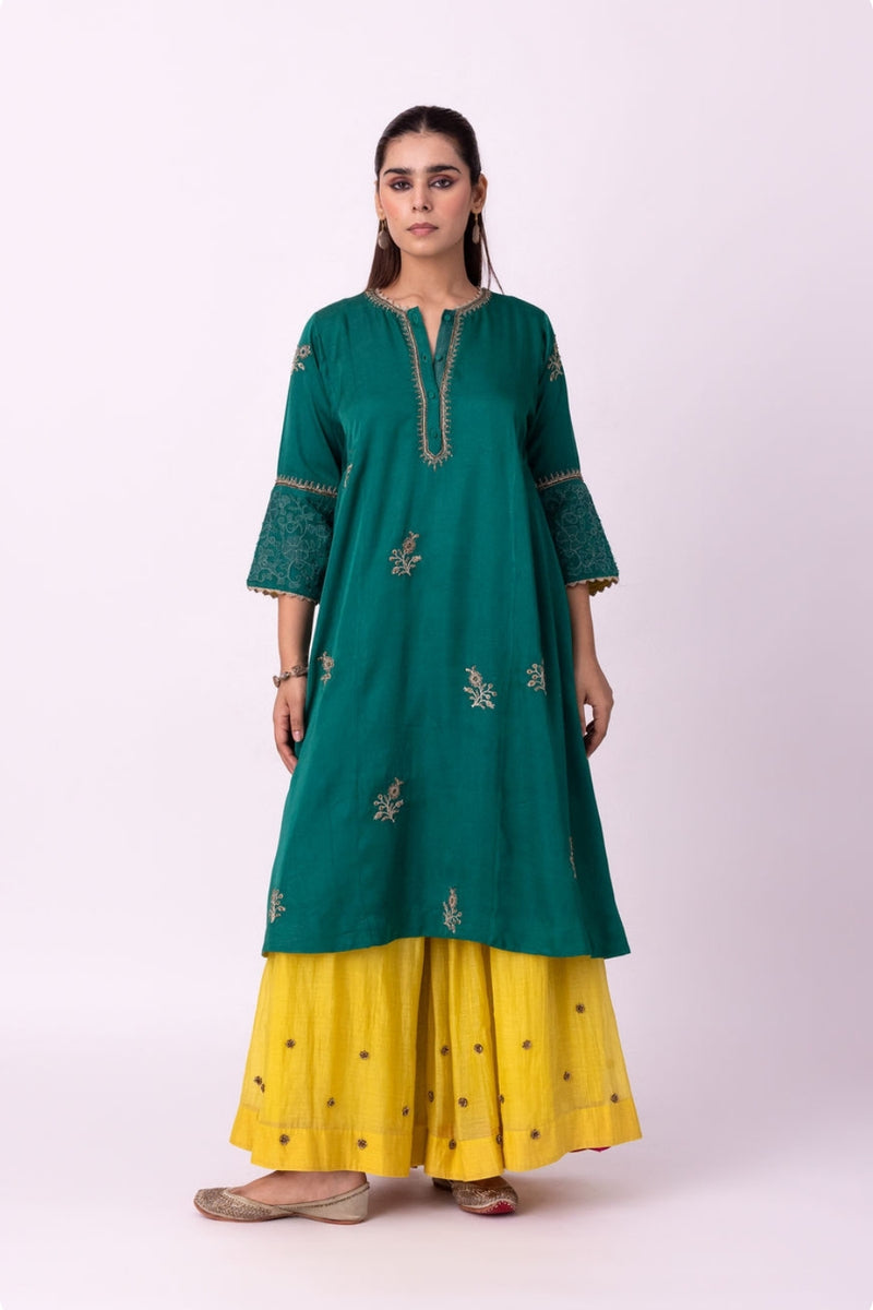 Abeer Long Kurta linen blend kurta/kurta set by Shades of India in green for women Worldwide
