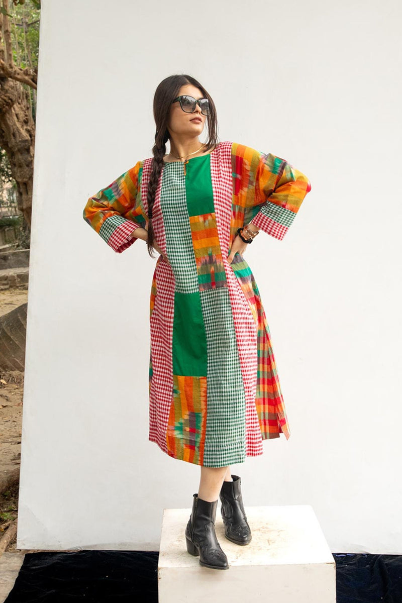 Turbo Elegance Dress gamcha dress by 145 East in green, multicolour for women Worldwide