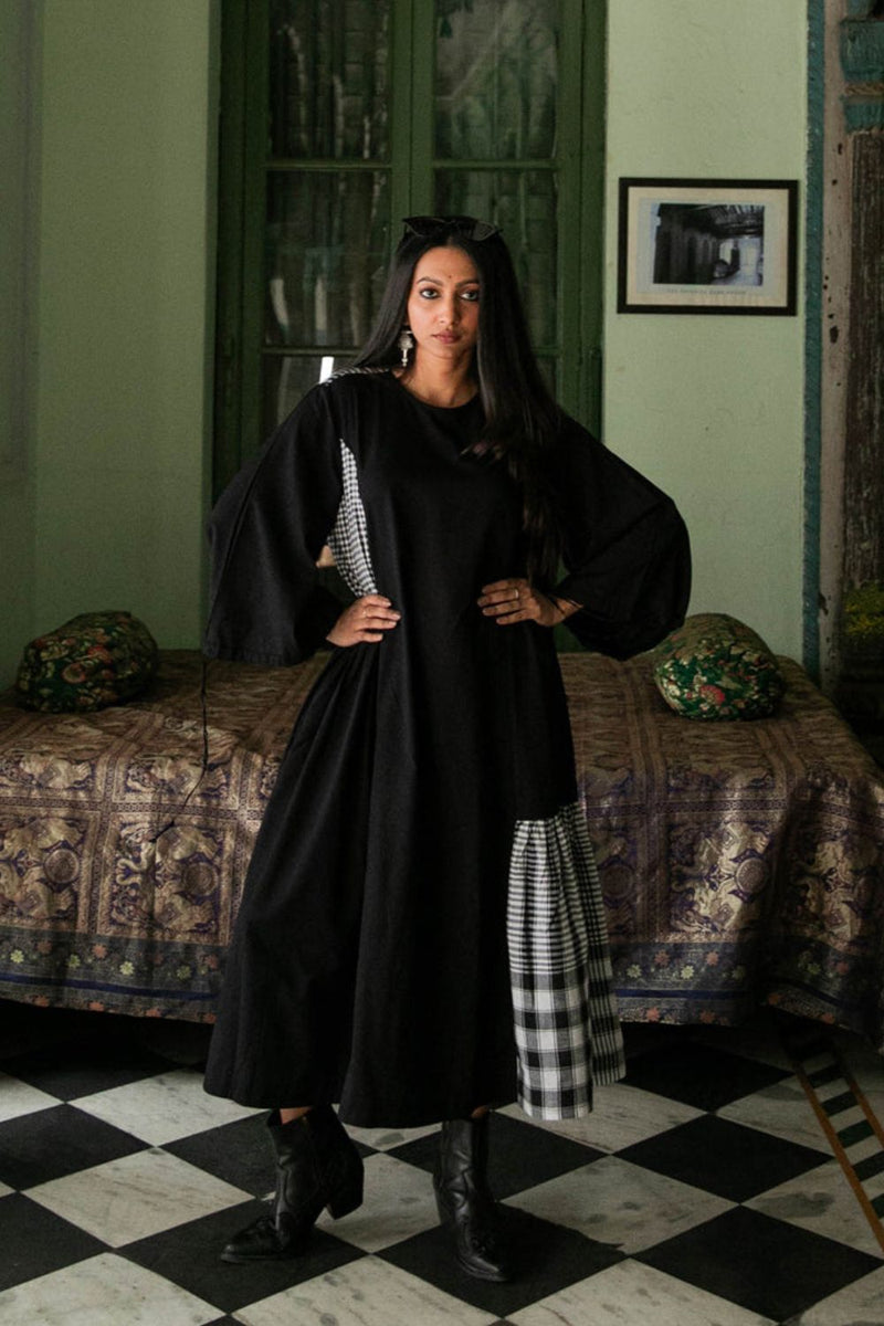The Magpie Robin Dress cotton,gamcha dress by 145 East in black for women Worldwide