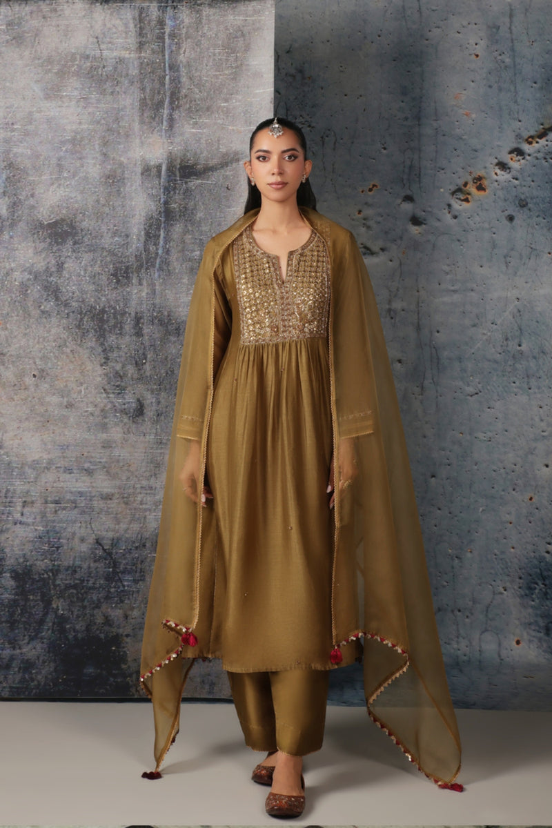 Mehrang Olive Green Frockstyle Kurta Set