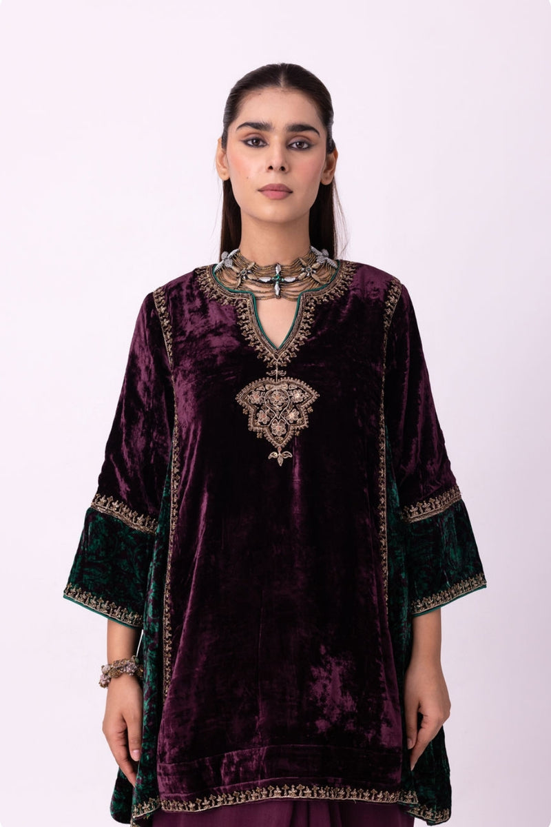 Kabeera Kurti silk velvet kurta/kurta set by Shades of India in wine for women Worldwide