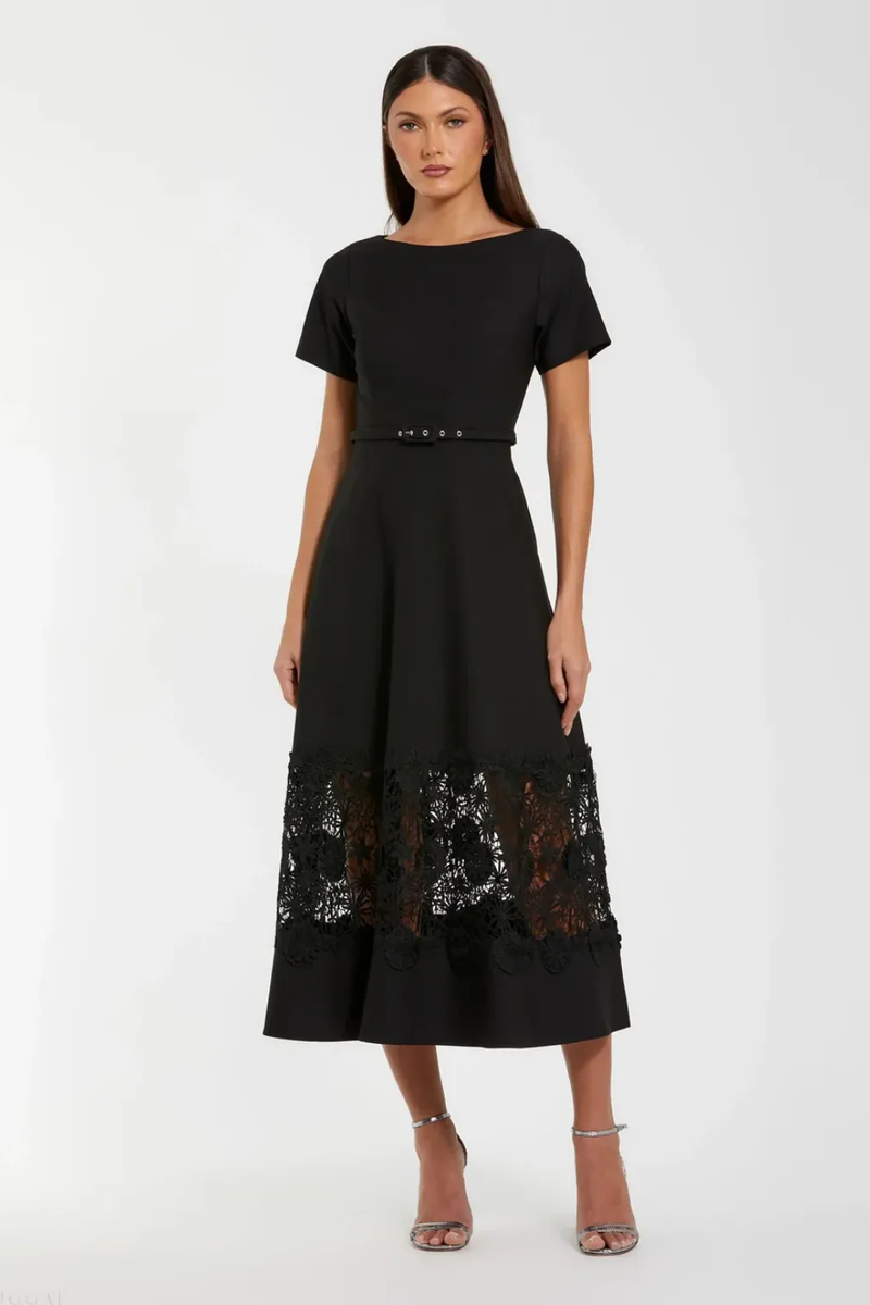 Black Crepe Boat Neck Midi Dress With Belt by Mac Duggal in black color for women Worldwide