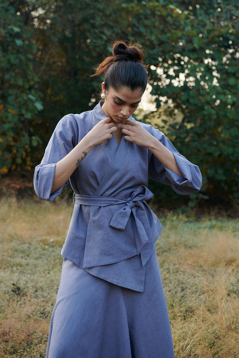 Dusk Co-Linen Wrap Jacket linen by Saphed in grey color for women Worldwide