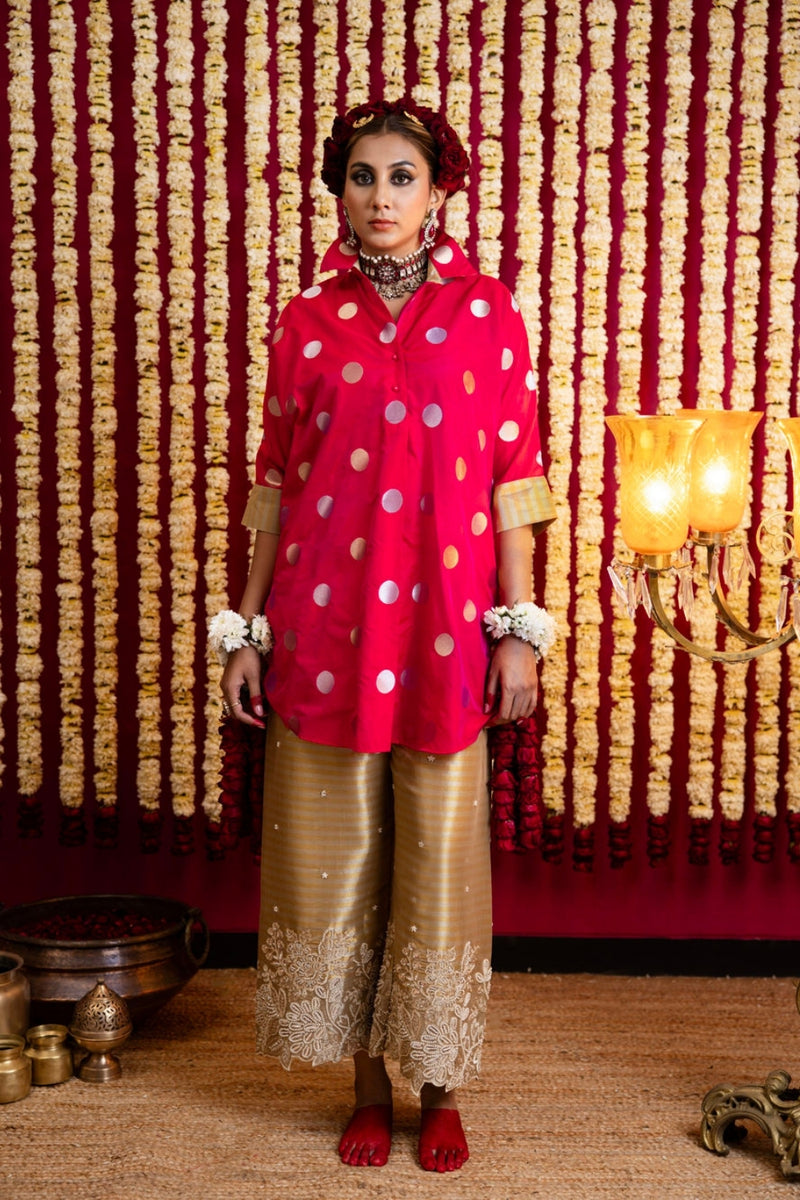Polka Dots Tunic & Tissue Pant Set-2 Tone tissue kurta/kurta set by Sabo by Sabina in pink for women Worldwide