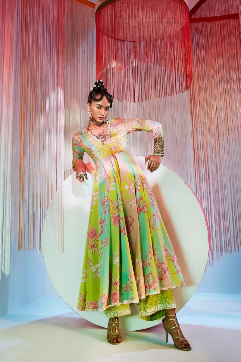 LIME YELLOW ORCHID ANARKALI SET Kurta Sets by Rajiramniq for women Worldwide