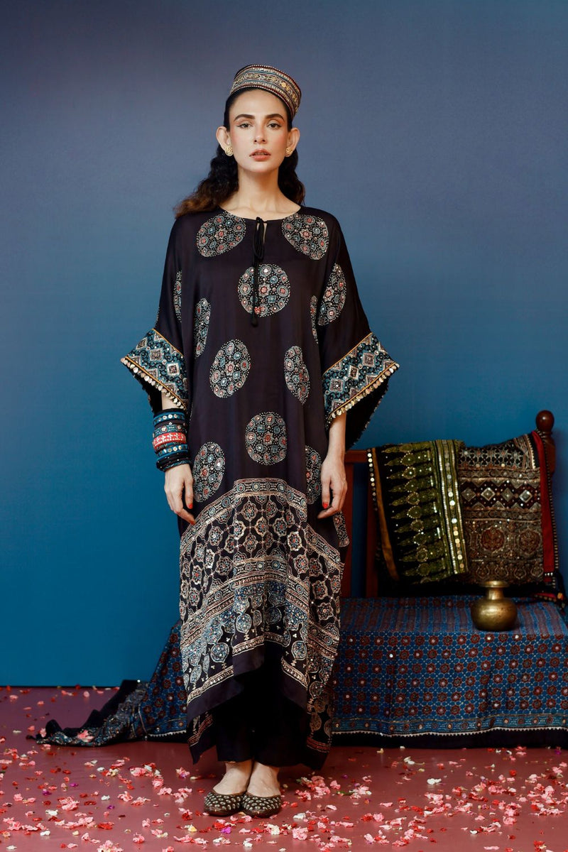 Veere Ajrakh Black Kaftan Set satin by PRAHNAAYA in black color for women Worldwide