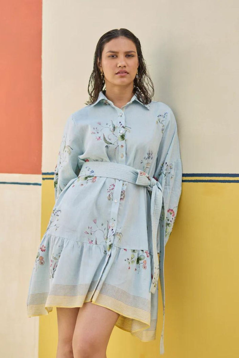 Alara Floral Shirt Dress - Sky by Manan in blue color for women Worldwide