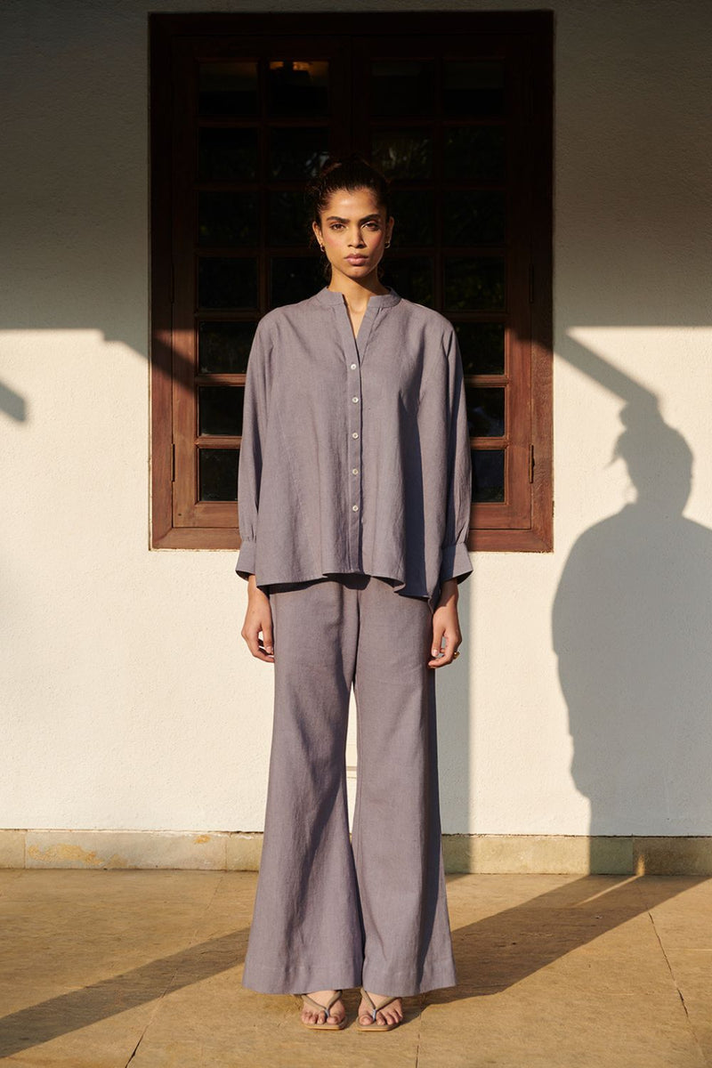 Dusk Co-Linen Dolman Shirt Set linen by Saphed in grey color for women Worldwide