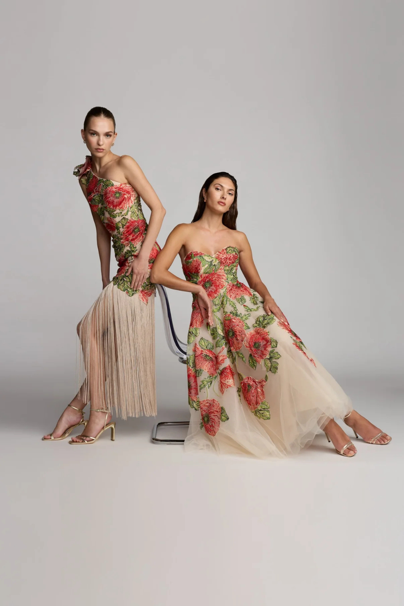 21300 - Beige Strapless Floral Embroidered A-Line Midi Dress by Mac Duggal in beige color for women Worldwide