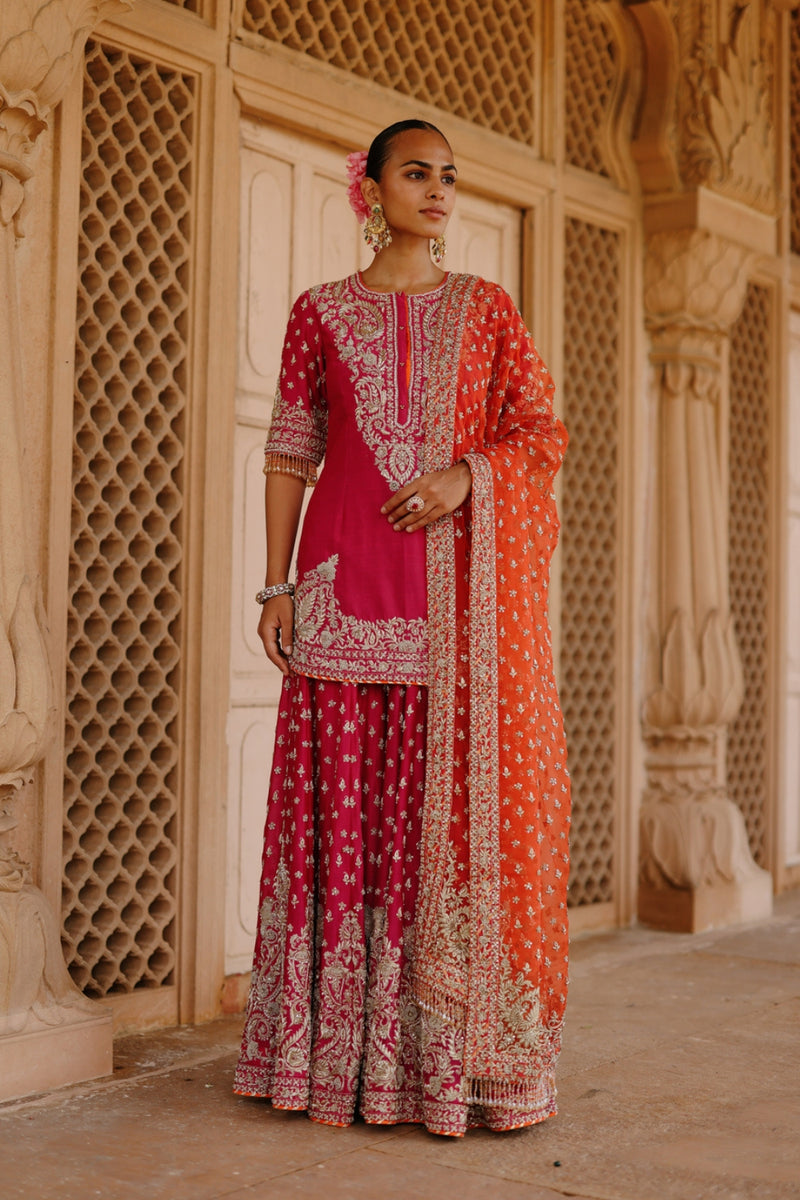 Maysam-Hot Pink Kurta Set With Sharara And Dupatta silk chanderi, silk organza kurta/kurta set by SHEETAL BATRA in pink, orange for women Worldwide