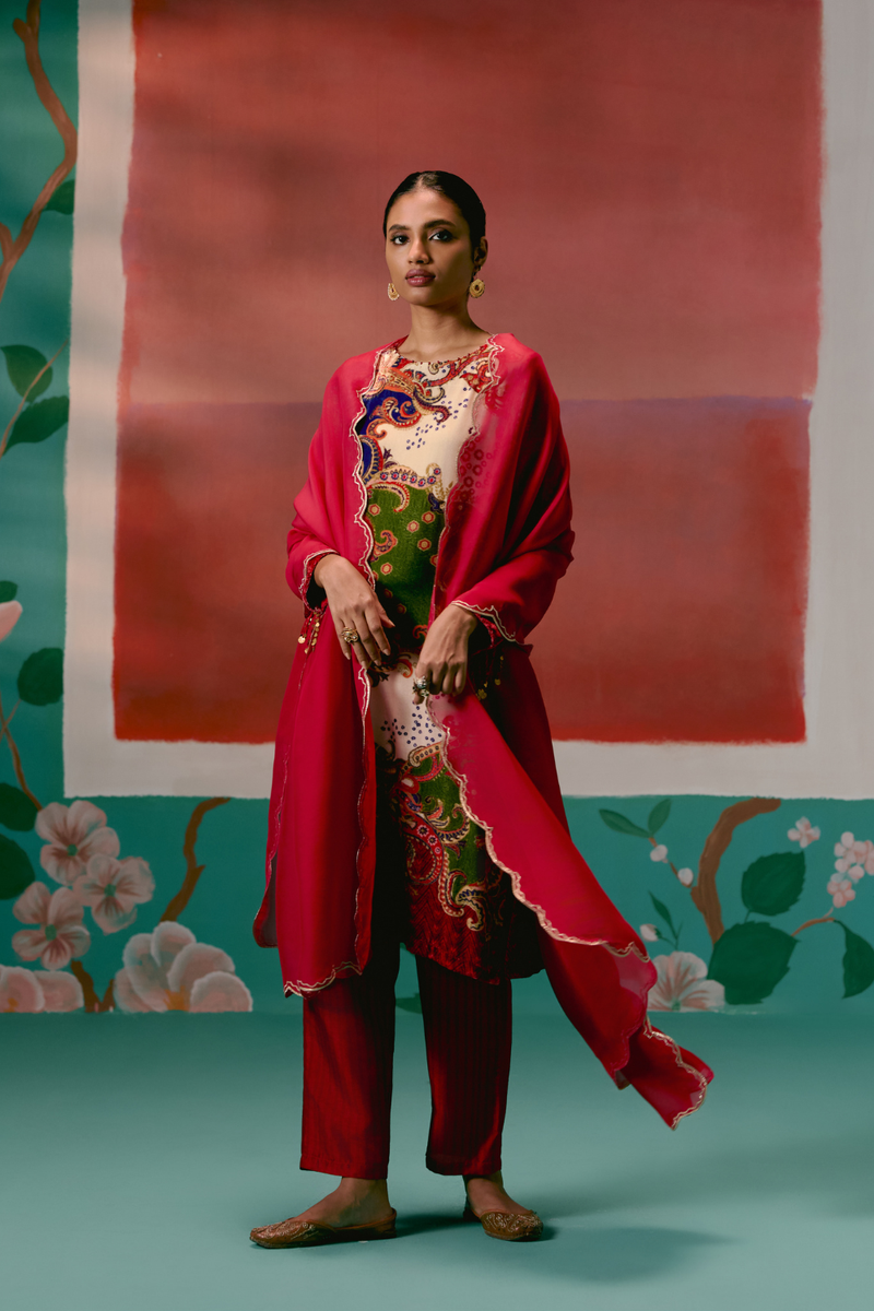 Paisley Velvet Kurta Set by Label Mogra in red color for women Worldwide