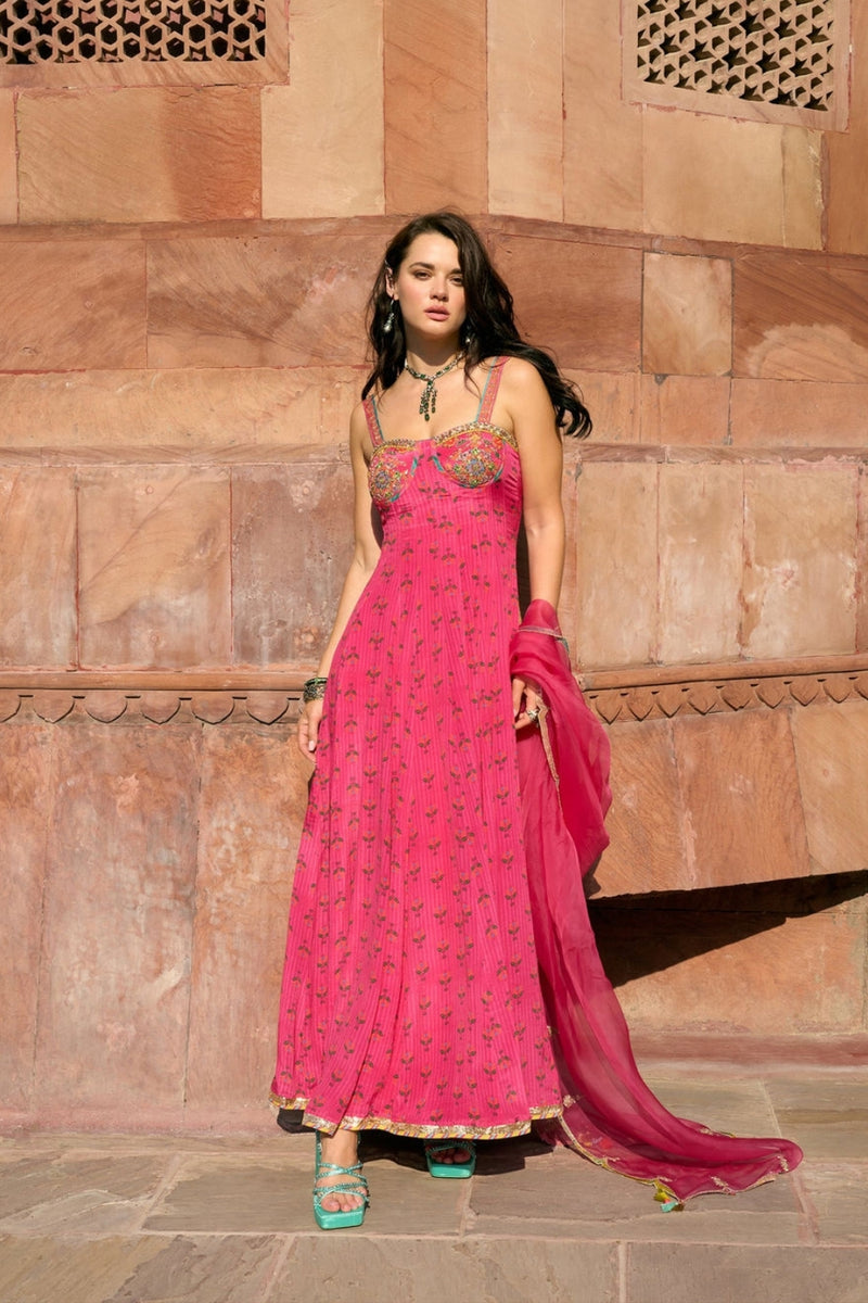 After Hours Hot Pink Embroidered Corset Anarkali Set