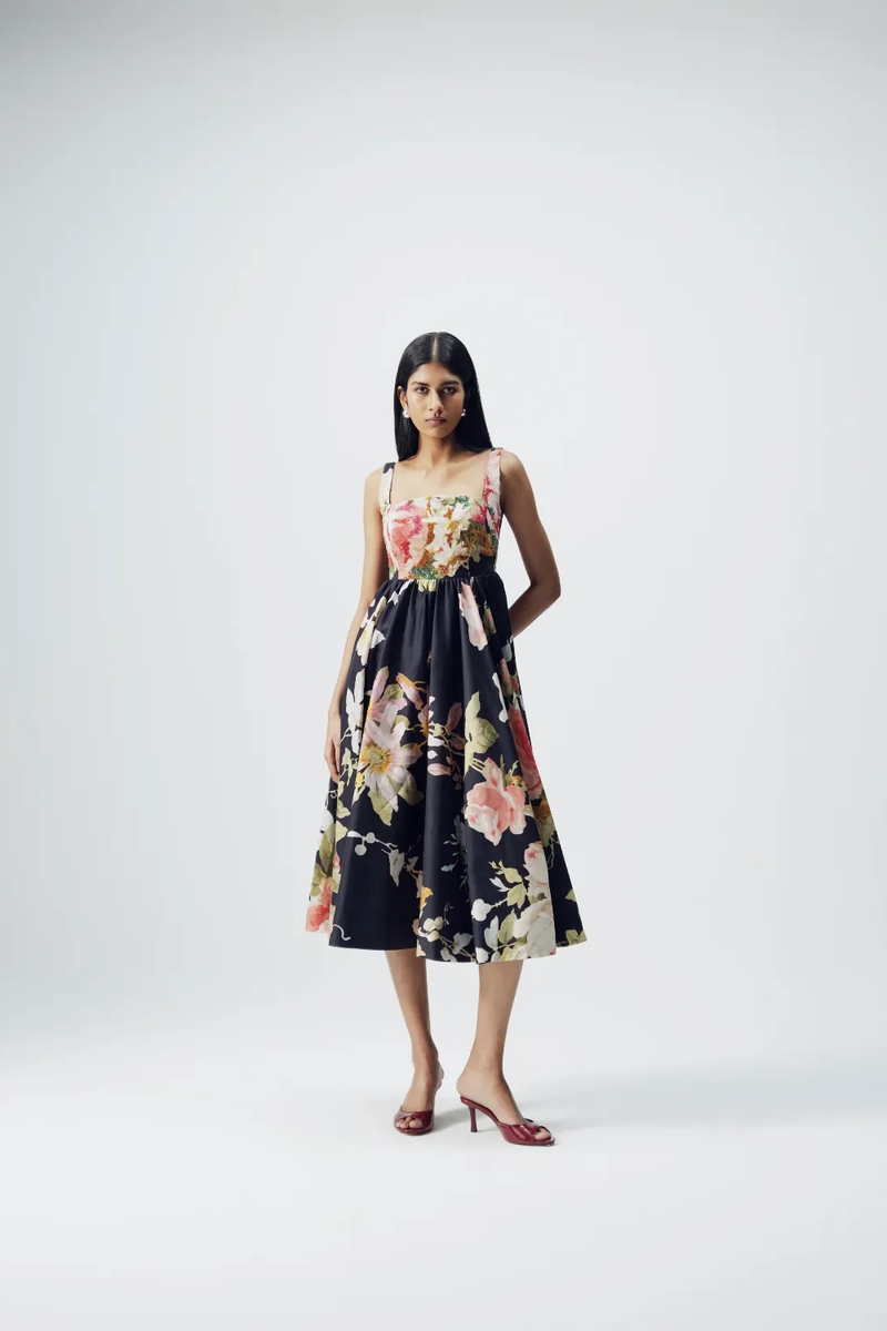 Carmine Embroidered Dress satin by YAM in black color for women Worldwide