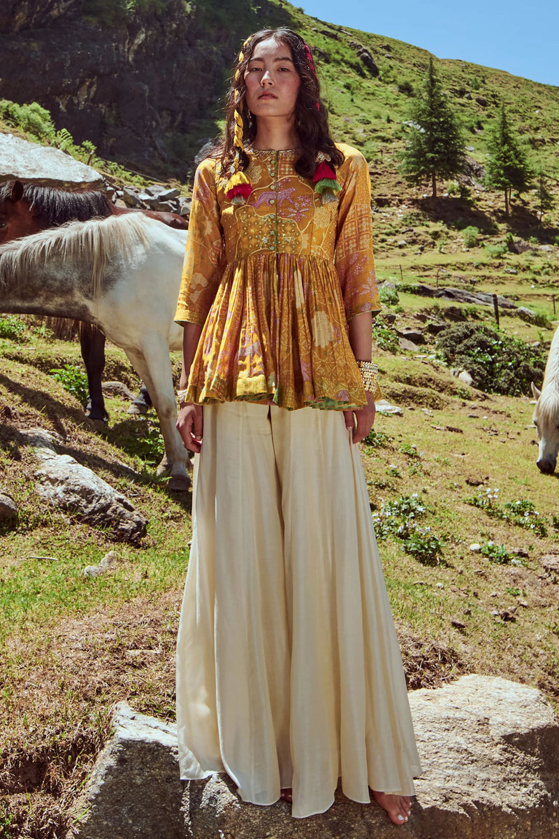 Valentina Peplum Set chanderi by Paulmi & Harsh-kahan Sep'26 in yellow for women Worldwide