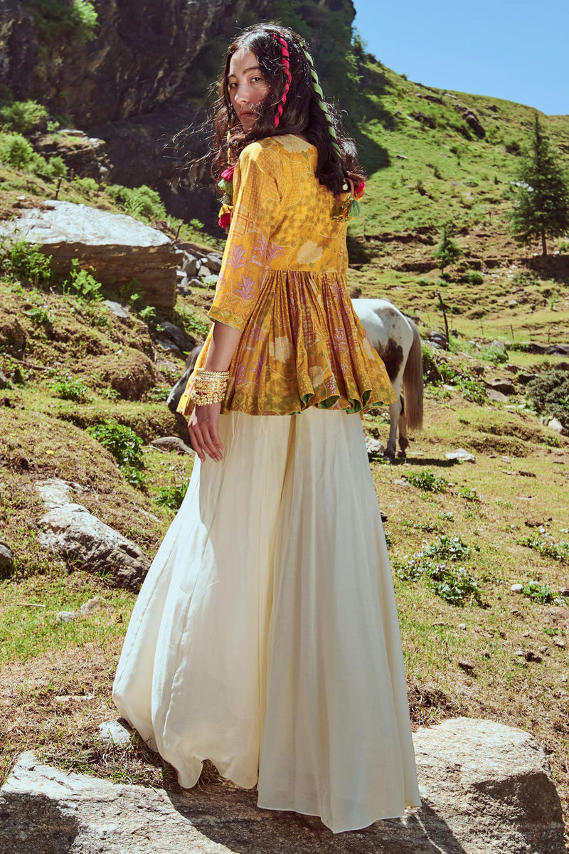 Valentina Peplum Set chanderi by Paulmi & Harsh-kahan Sep'26 in yellow for women Worldwide