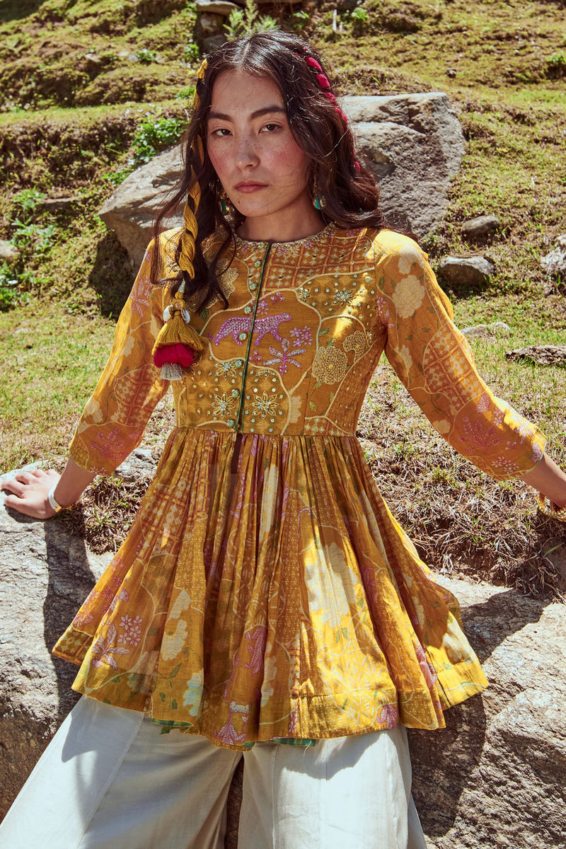 Valentina Peplum Set chanderi by Paulmi & Harsh-kahan Sep'26 in yellow for women Worldwide