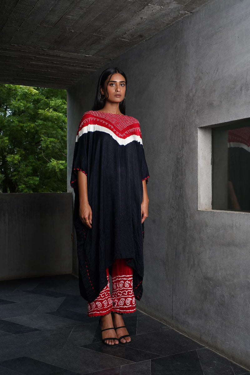 V BH KAFTAN WITH BANDHANI PANTS-BLACK, RED silk by Dyelogue in multi color for women Worldwide