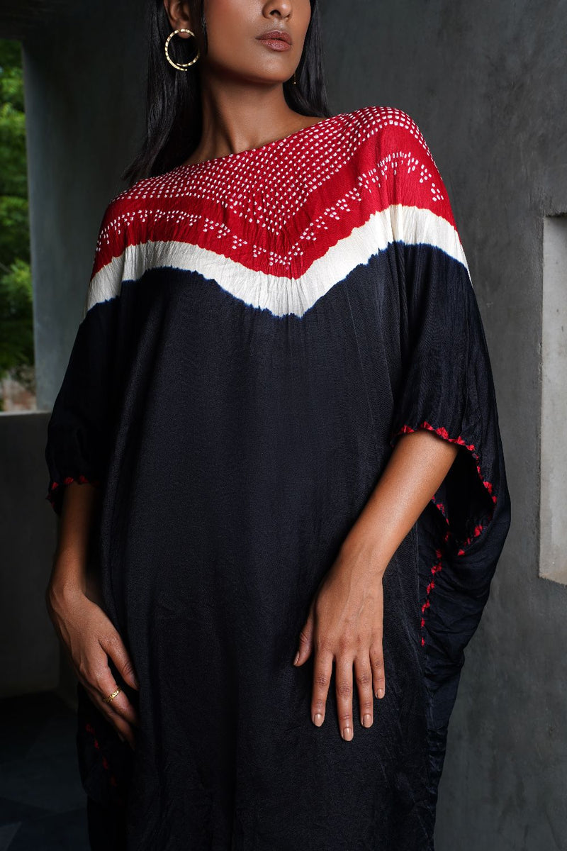 V BH KAFTAN WITH BANDHANI PANTS-BLACK, RED silk by Dyelogue in multi color for women Worldwide