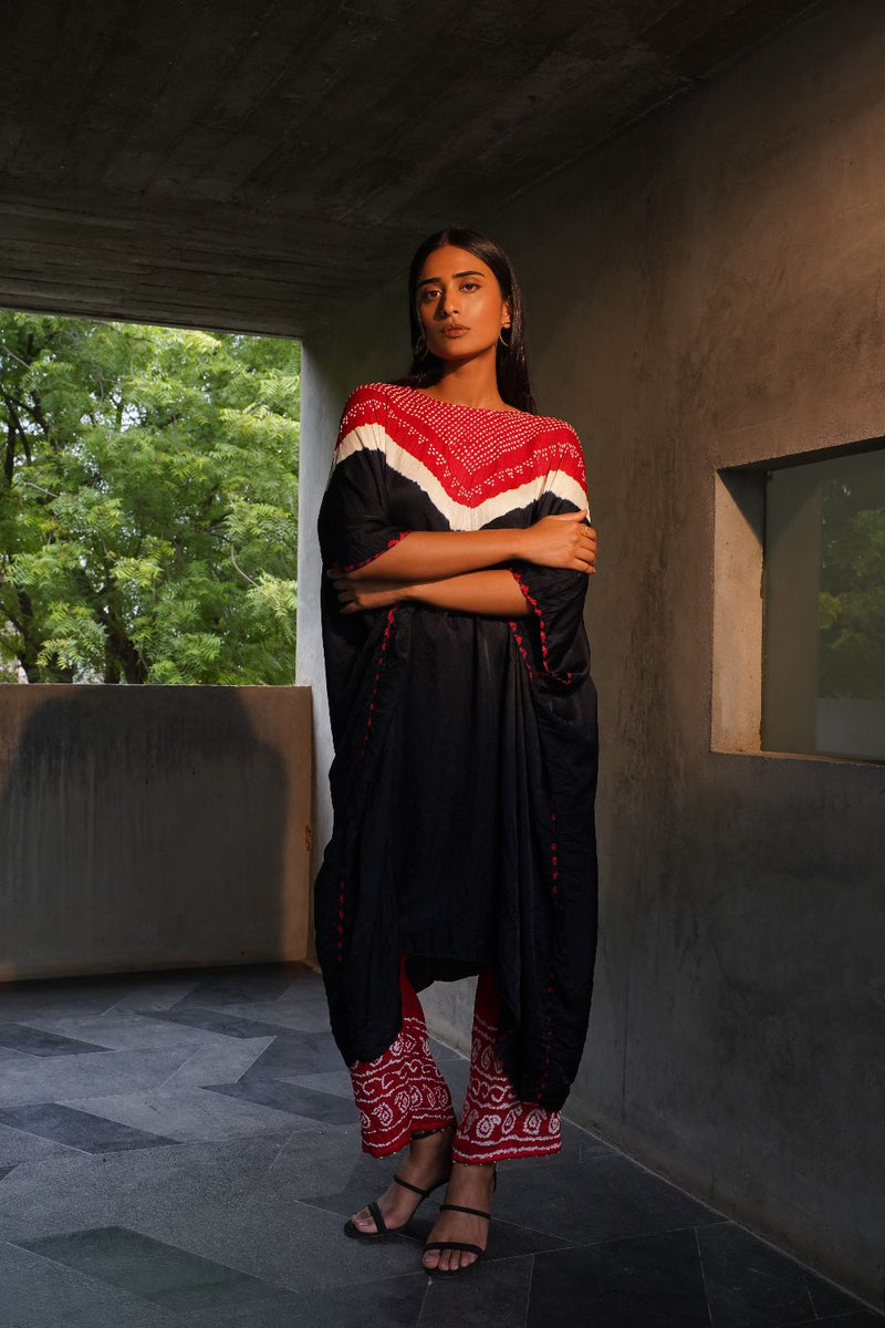V BH KAFTAN WITH BANDHANI PANTS-BLACK, RED silk by Dyelogue in multi color for women Worldwide