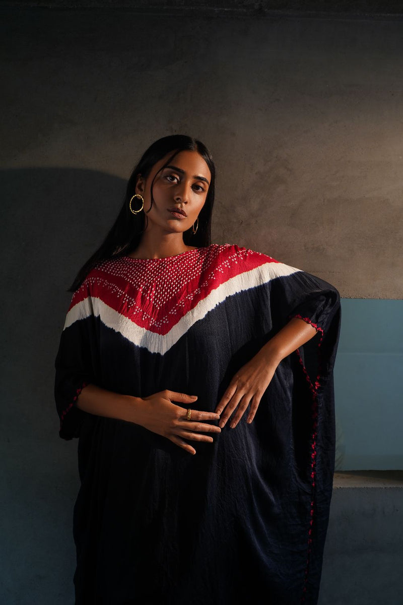 V BH KAFTAN WITH BANDHANI PANTS-BLACK, RED silk by Dyelogue in multi color for women Worldwide