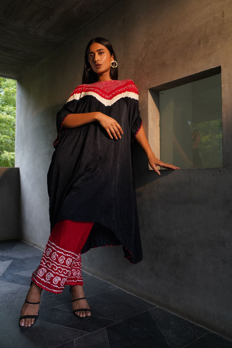 V BH KAFTAN WITH BANDHANI PANTS-BLACK, RED silk by Dyelogue in multi color for women Worldwide