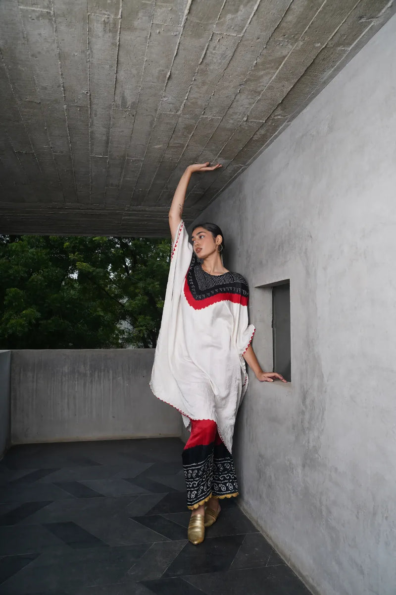 V BH KAFTAN WITH BANDHANI PANTS-WHITE,BLACK, RED silk by Dyelogue in multi color for women Worldwide