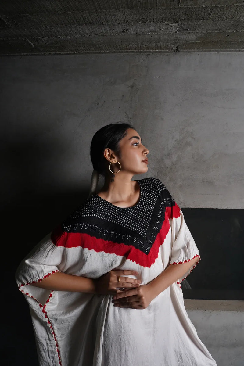 V BH KAFTAN WITH BANDHANI PANTS-WHITE,BLACK, RED silk by Dyelogue in multi color for women Worldwide