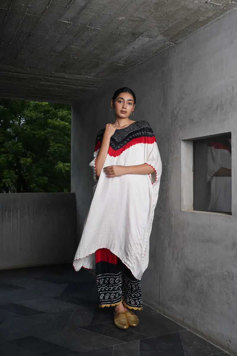 V BH KAFTAN WITH BANDHANI PANTS-WHITE,BLACK, RED silk by Dyelogue in multi color for women Worldwide