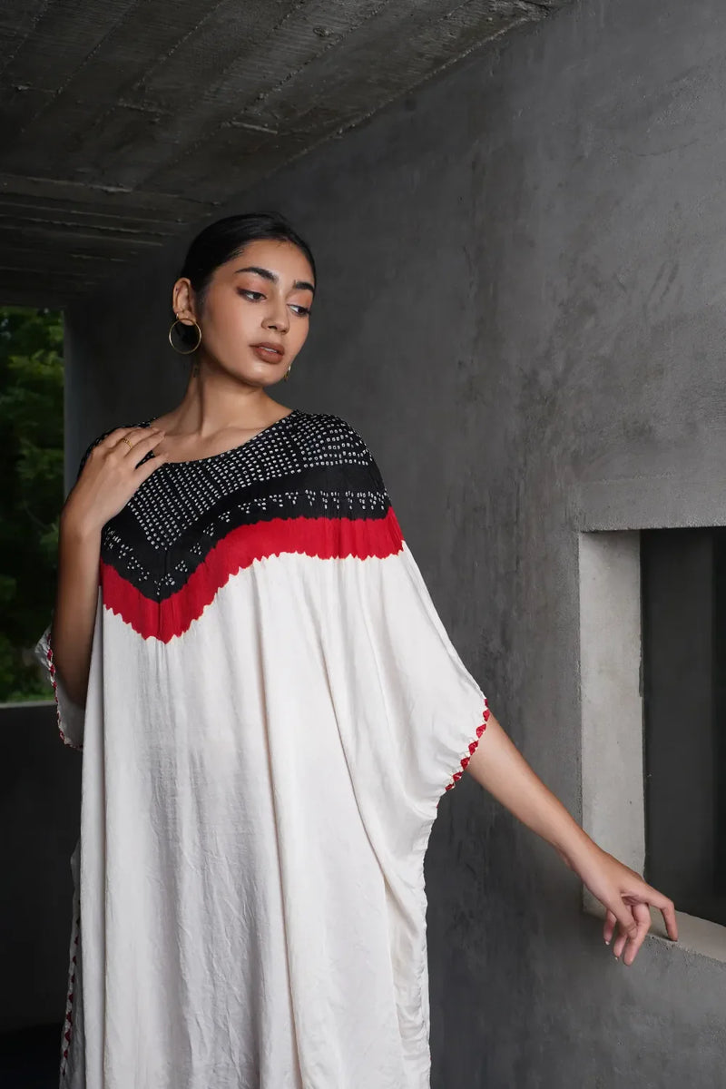 V BH KAFTAN WITH BANDHANI PANTS-WHITE,BLACK, RED silk by Dyelogue in multi color for women Worldwide