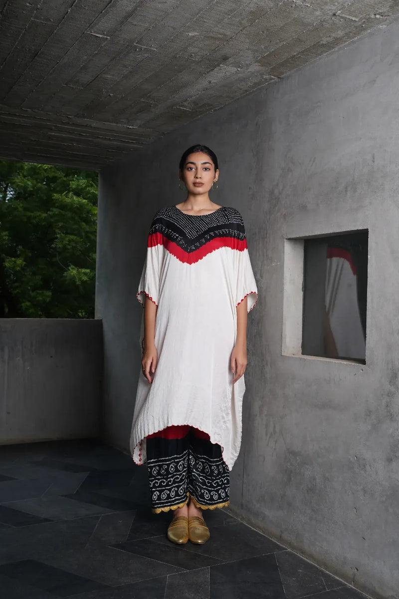 V BH KAFTAN WITH BANDHANI PANTS-WHITE,BLACK, RED silk by Dyelogue in multi color for women Worldwide