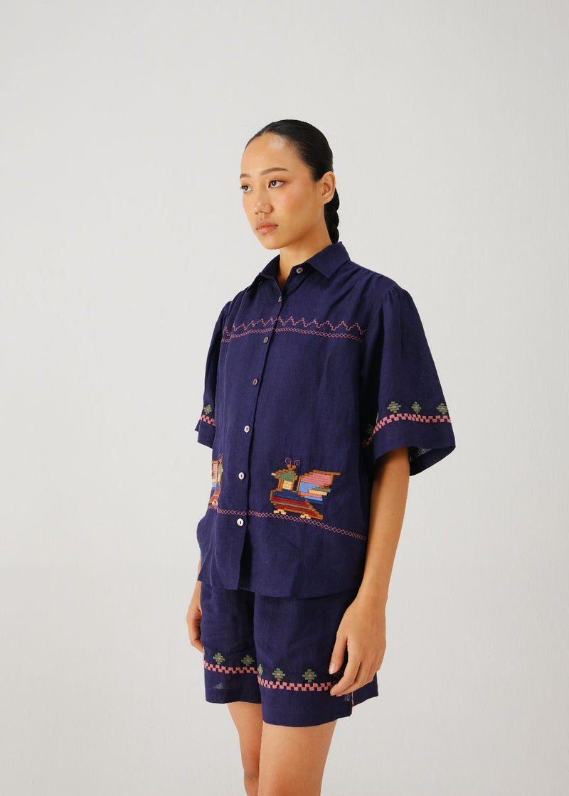 Victorian shirt-Ink folk emb. by CORD for women Worldwide