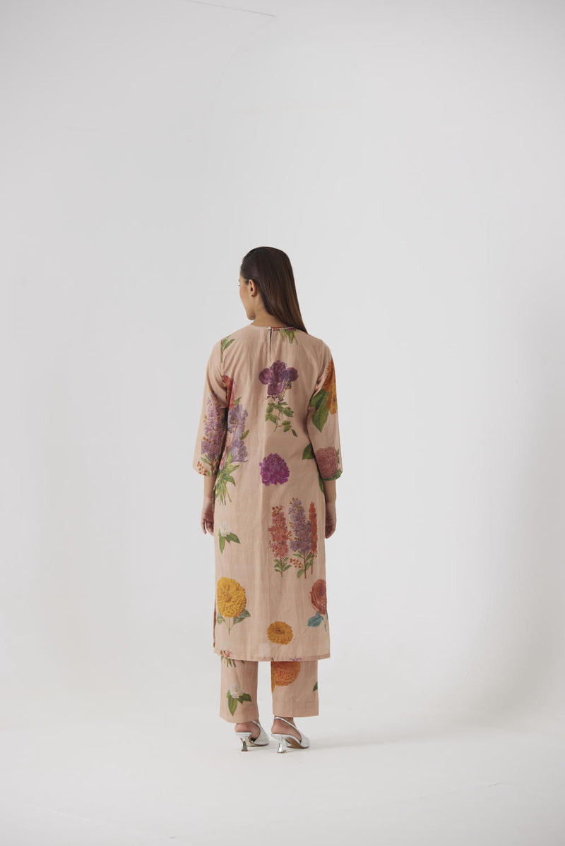 VINTAGE GARDEN LONG KURTA SET cotton by Yam in beige color for women Worldwide