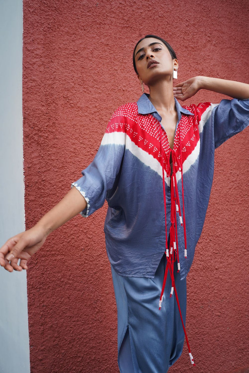 V STRING SHIRT-GREY AND RED silk by Dyelogue in multi color for women Worldwide