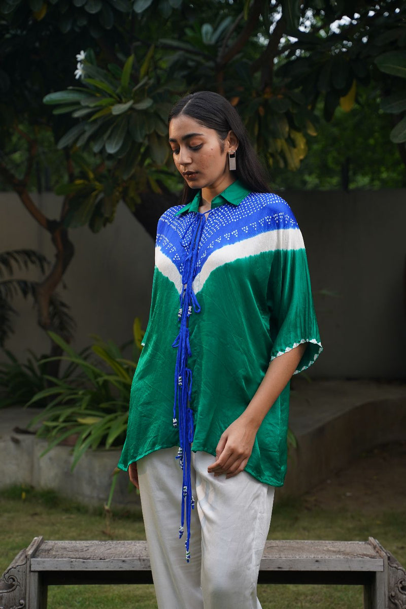 V STRING SHIRT-GREEN AND BLUE silk by Dyelogue in multi color for women Worldwide