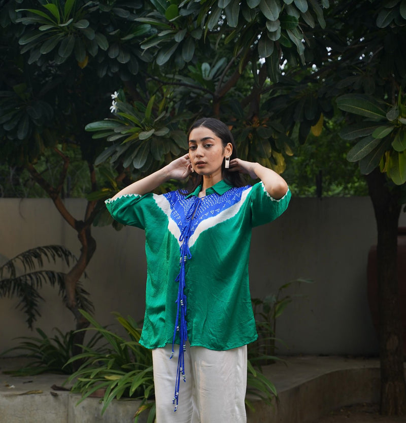 V STRING SHIRT-GREEN AND BLUE silk by Dyelogue in multi color for women Worldwide