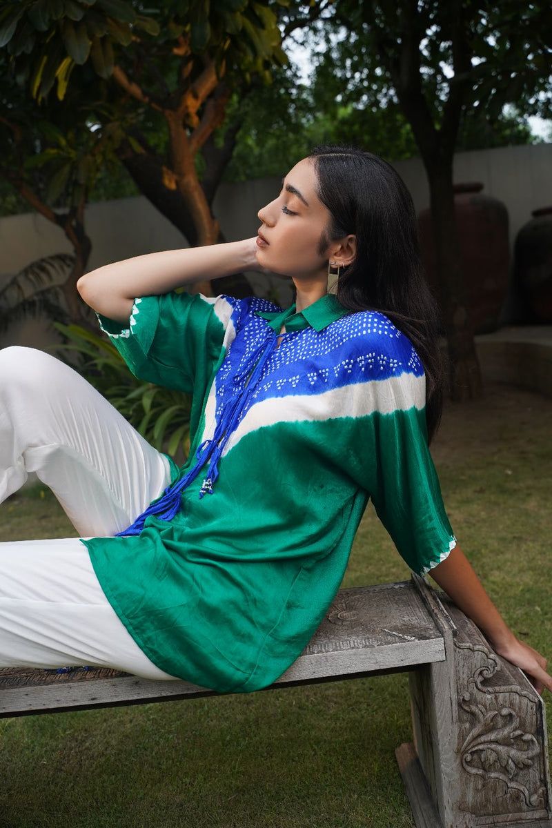V STRING SHIRT-GREEN AND BLUE silk by Dyelogue in multi color for women Worldwide