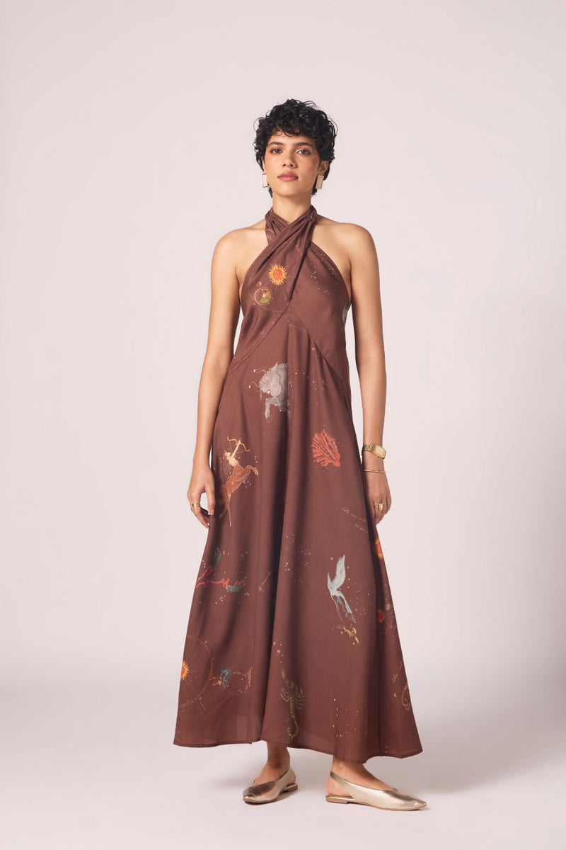 Vannam Brown Zodiac Print Halter Dress by The Summer House in brown color for women Worldwide