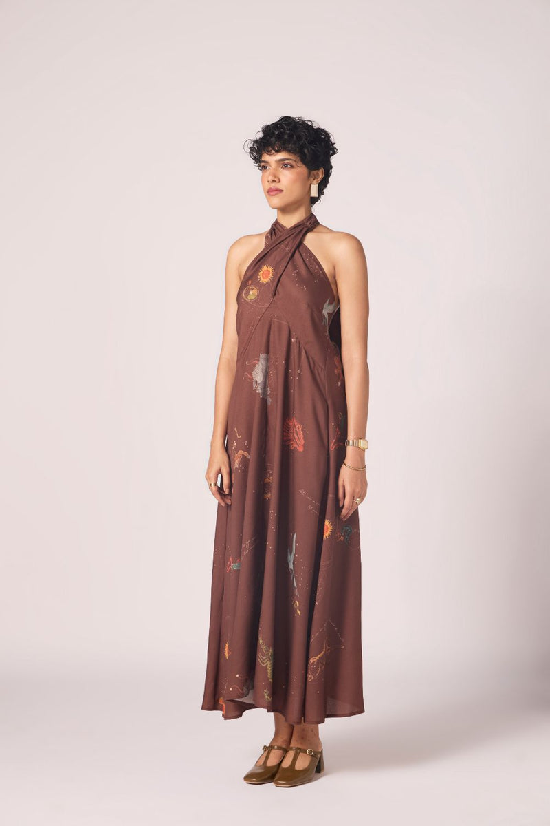 Vannam Brown Zodiac Print Halter Dress by The Summer House in brown color for women Worldwide