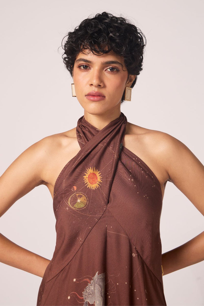 Vannam Brown Zodiac Print Halter Dress by The Summer House in brown color for women Worldwide