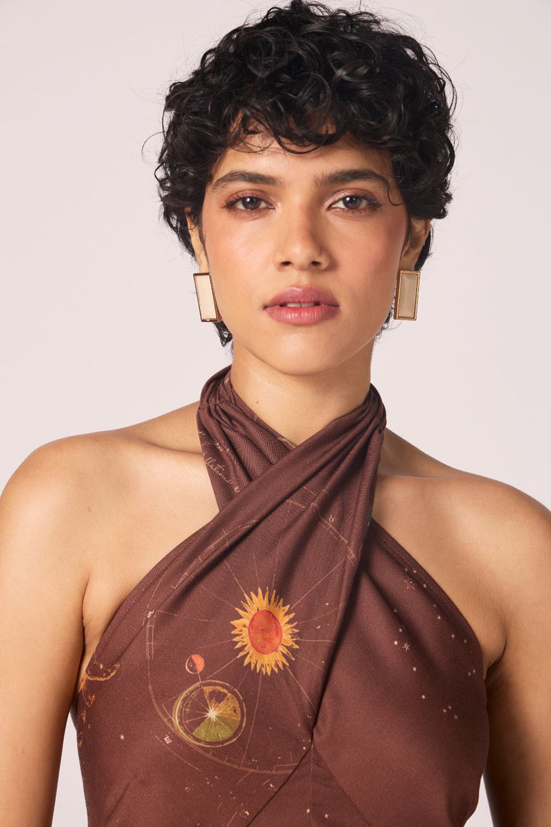 Vannam Brown Zodiac Print Halter Dress by The Summer House in brown color for women Worldwide