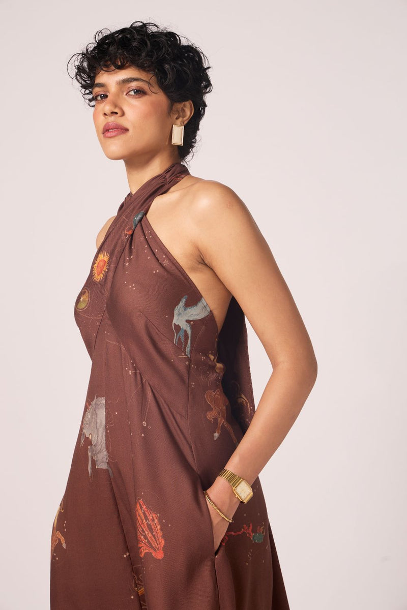 Vannam Brown Zodiac Print Halter Dress by The Summer House in brown color for women Worldwide
