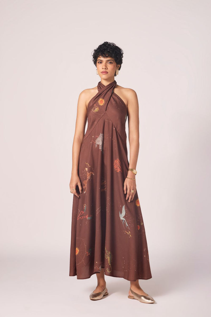 Vannam Brown Zodiac Print Halter Dress by The Summer House in brown color for women Worldwide