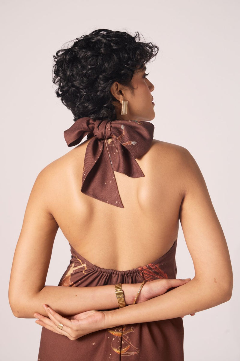 Vannam Brown Zodiac Print Halter Dress by The Summer House in brown color for women Worldwide