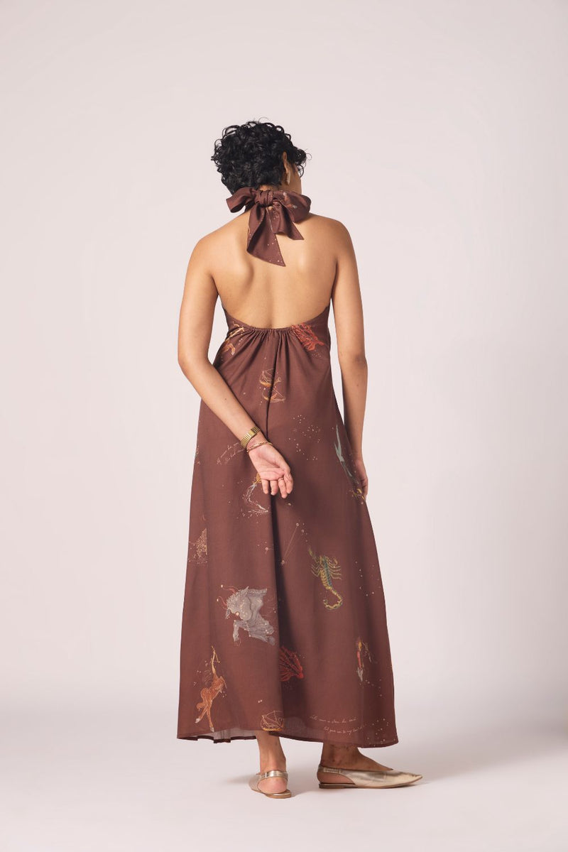 Vannam Brown Zodiac Print Halter Dress by The Summer House in brown color for women Worldwide
