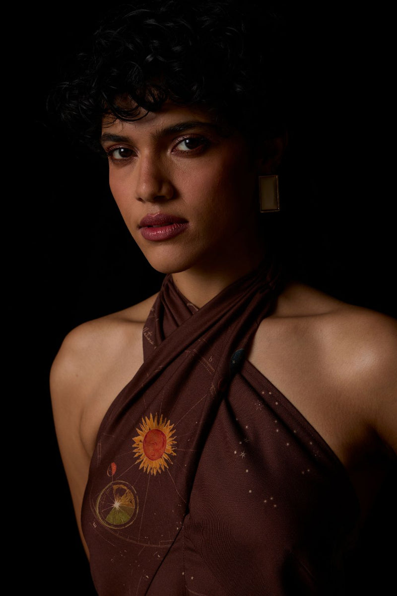 Vannam Brown Zodiac Print Halter Dress by The Summer House in brown color for women Worldwide