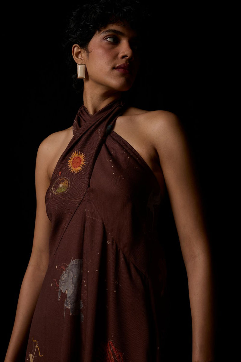 Vannam Brown Zodiac Print Halter Dress by The Summer House in brown color for women Worldwide