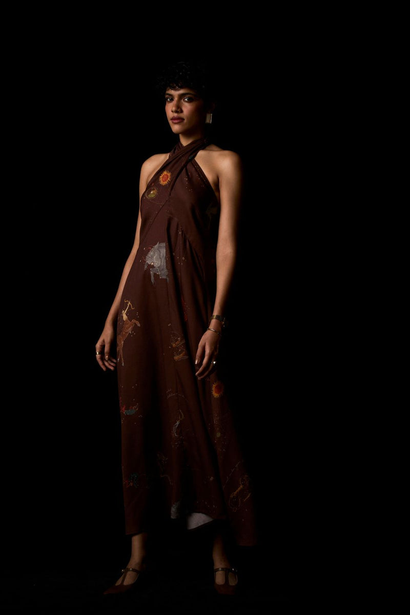 Vannam Brown Zodiac Print Halter Dress by The Summer House in brown color for women Worldwide