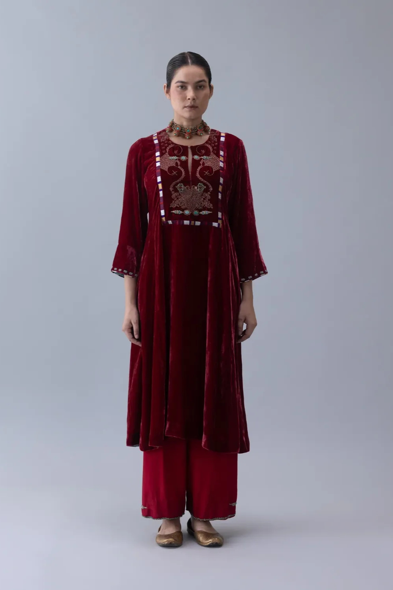 Varja Kurta-Red silk by Shades of India in red color for women Worldwide