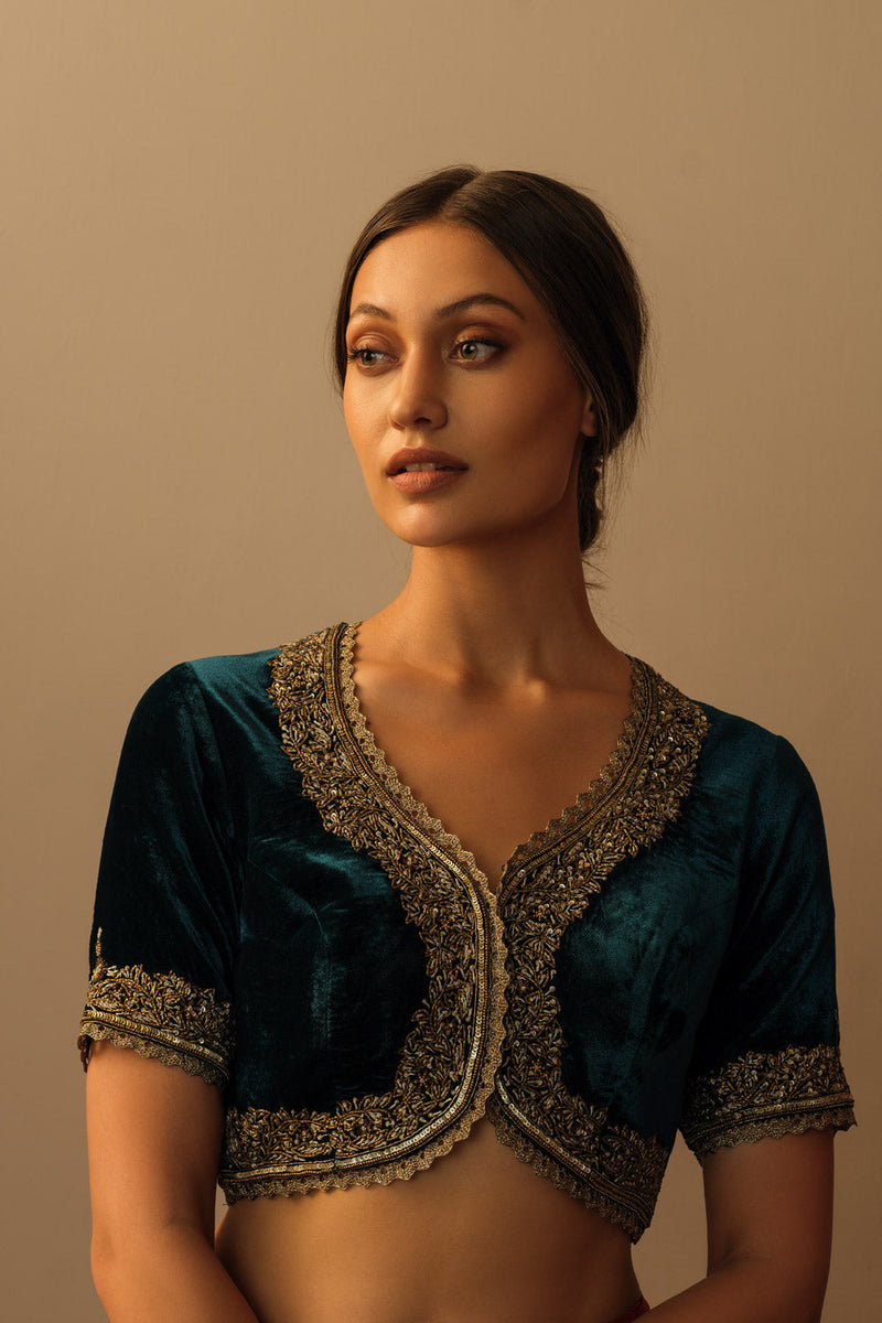 Velvet koti teal blue and gold by Mallika Mathur in teal color for women Worldwide