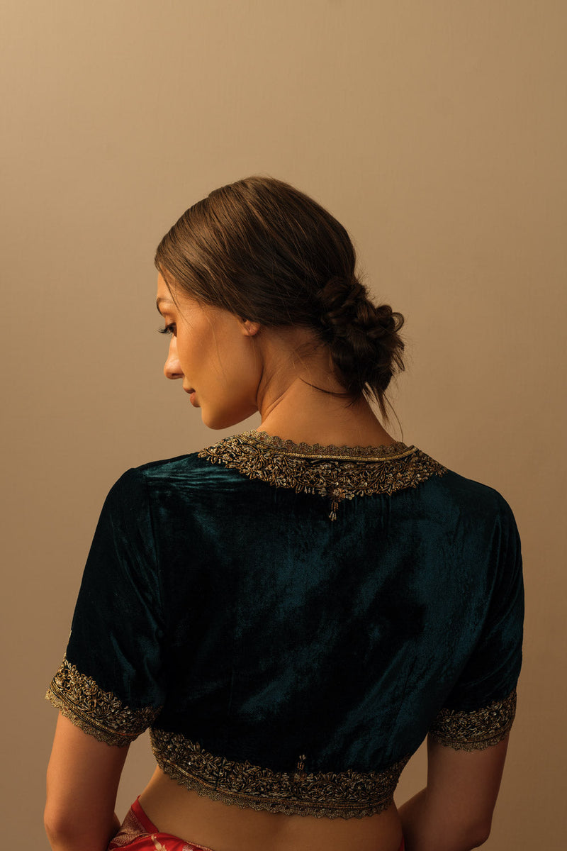 Velvet koti teal blue and gold by Mallika Mathur in teal color for women Worldwide